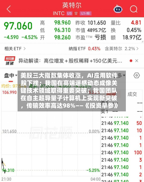 美股三大指数集体收涨，AI应用软件股下挫；我国在高端遥感动态成像关键技术领域取得重要突破；我国团队在自主超导量子计算机上实现新突破，传输效率高达98%——《投资早参》-第2张图片