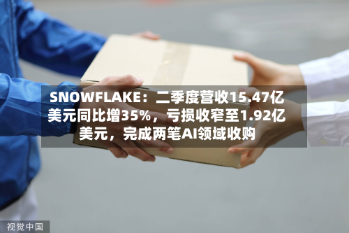 SNOWFLAKE：二季度营收15.47亿美元同比增35%，亏损收窄至1.92亿美元，完成两笔AI领域收购