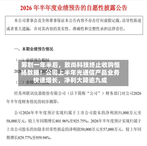 筹划一年半后，致尚科技终止收购恒扬数据！公司上半年光通信产品业务快速增长，净利大降逾九成